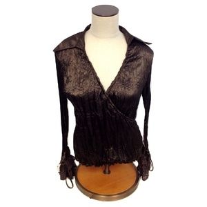 NWT Zba Deep V Crinkle Sateen Stretch Brown Blouse